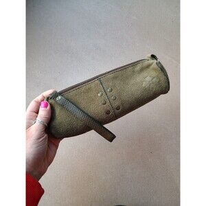 PATRICIA NASH Isla Barrel Green Suede Leather Wristlet Bag Zip Makeup Pouch